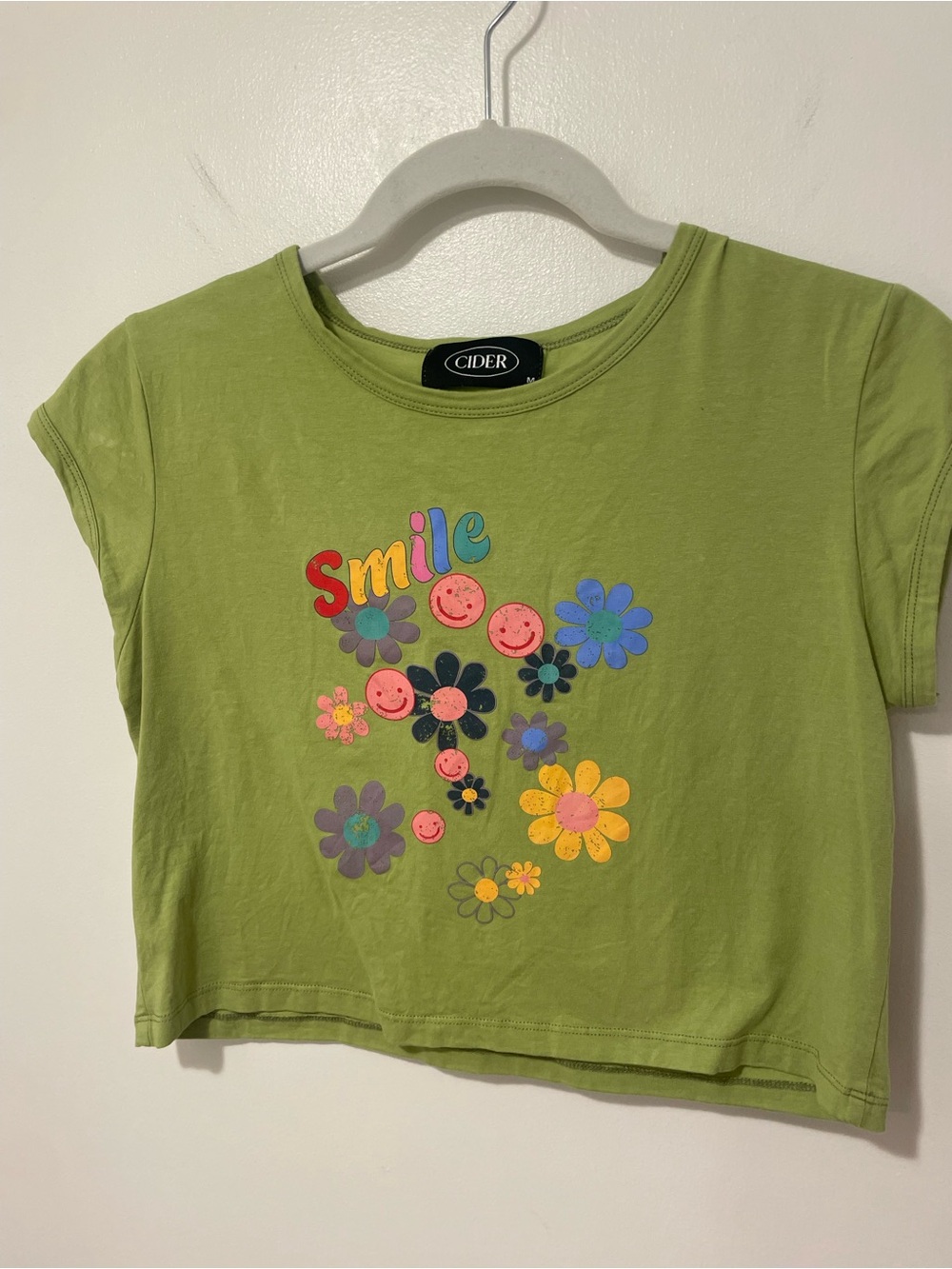 Cider ladies Smile' Green Graphic Crop Tee tshirt top retro sz M daisies